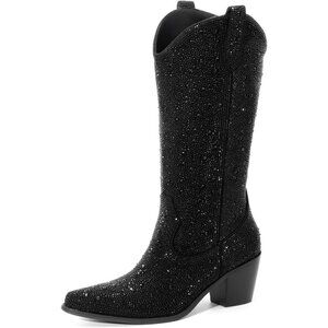 Black Rhinestone Cowboy Boots Women Mid Calf Pointed Toe Sparkly Block Heel